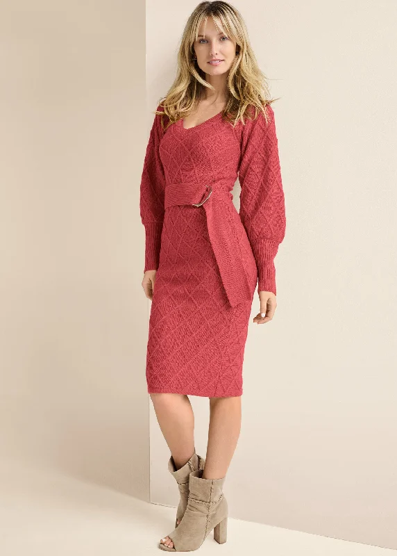 Women's midi dress arc pop -Belted Midi Sweater Dress  - Baked Apple