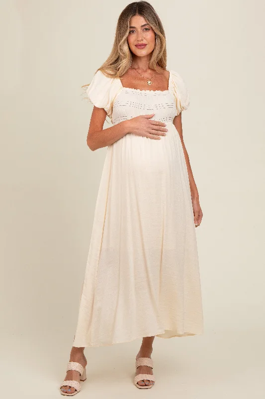 ladies-maxi-dress-orchid-opal-Cream Smocked Puff Sleeve Maternity Maxi Dress