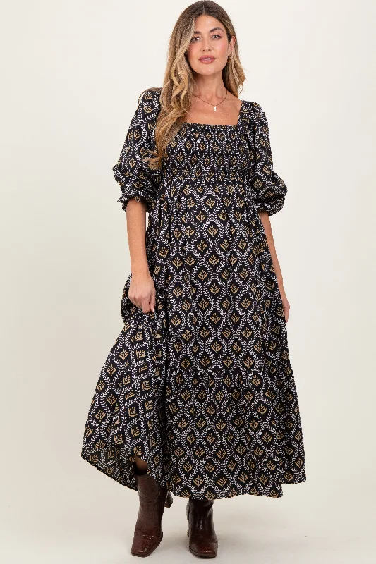 ladies-maxi-dress-glam-glow-Black Damask Print Smocked Maternity Maxi Dress