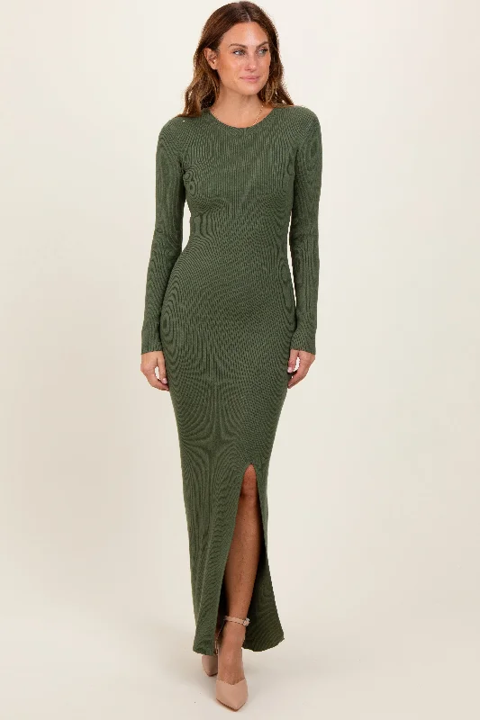 ladies-maxi-dress-mono-muse-Olive Ribbed Knit Long Sleeve Side Slit Maxi Dress