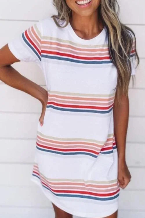 ladies-mini-dress-fitted-flair-Stripe O Neck Trendy Short Sleeve Mini Dress