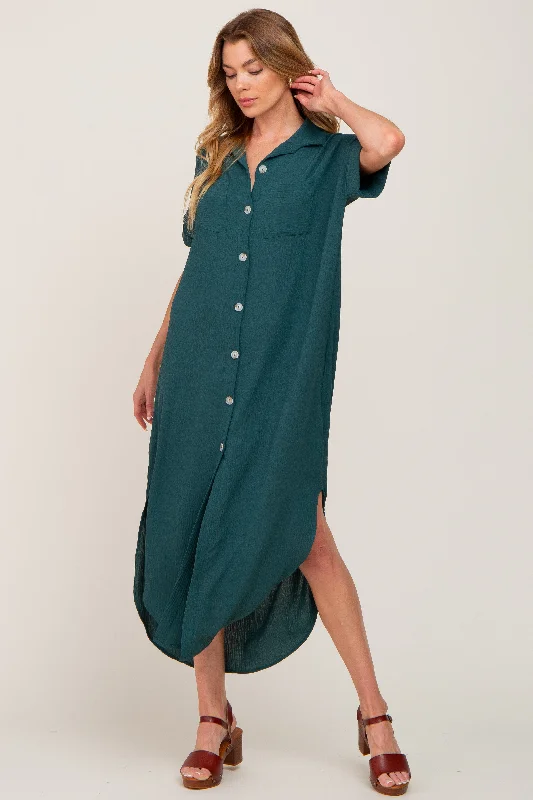 ladies-maxi-dress-saffron-silk-Forest Green Button Down Hi Low Maxi Dress