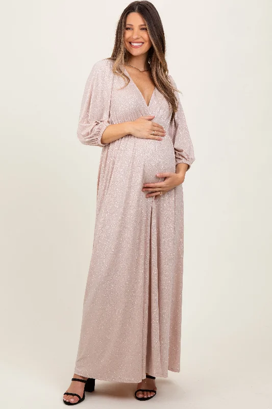 ladies-maxi-dress-cut-out-charm-Beige Glitter V-Neck Maternity Maxi Dress