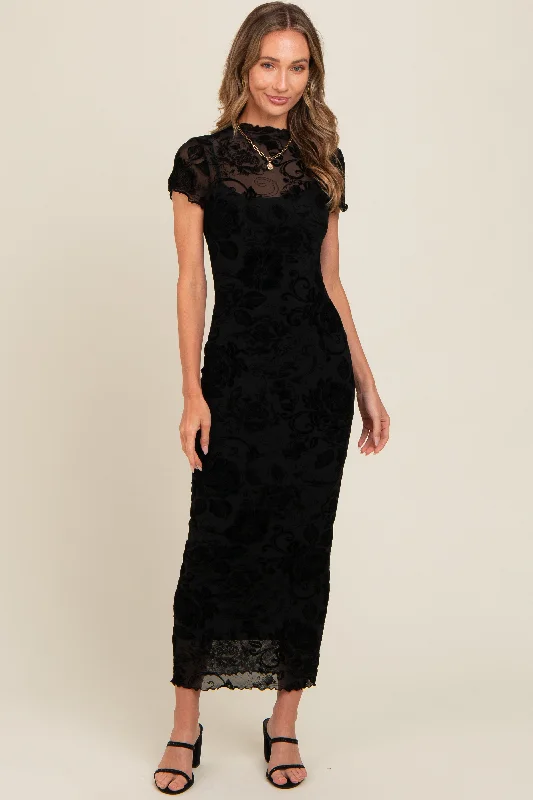 ladies-maxi-dress-keyhole-kiss-Black Floral Mesh Overlay Fitted Maxi Dress