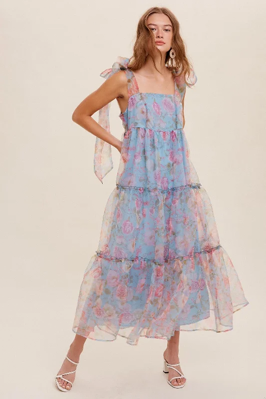 ladies-maxi-dress-flowy-finesse-Blue Tiered Floral Print Organza Maxi Dress