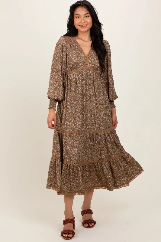 ladies-maxi-dress-limited-luster-Mocha Floral Lace Trim Bubble Sleeve Maxi Dress