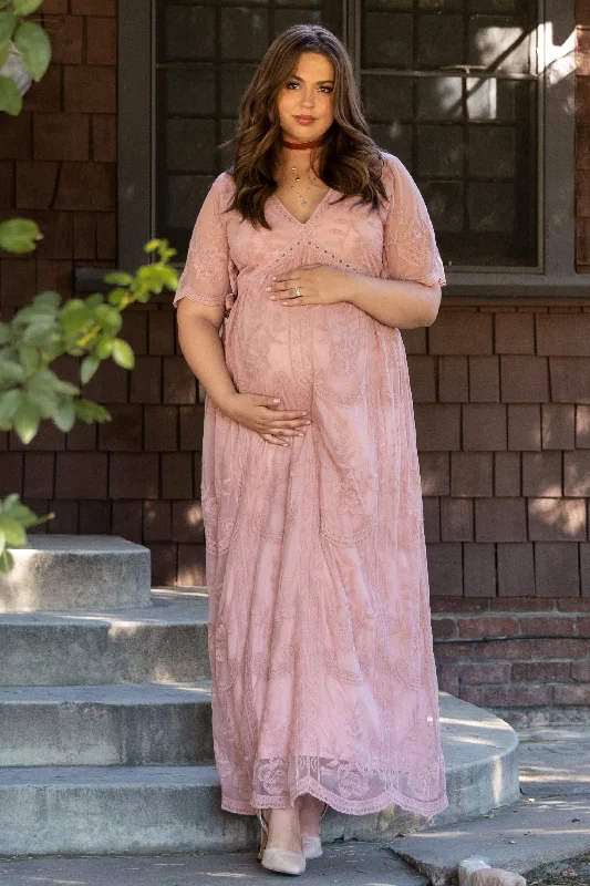 ladies-maxi-dress-budget-bloom-PinkBlush Light Pink Lace Mesh Overlay Plus Maternity Maxi Dress