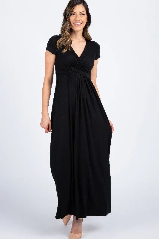 ladies-maxi-dress-zip-front-zest-PinkBlush Petite Black Draped Nursing Maxi Dress