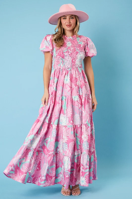 ladies-maxi-dress-royal-ripple-Pink Floral Smocked Short Puff Sleeve Tiered Maxi Dress