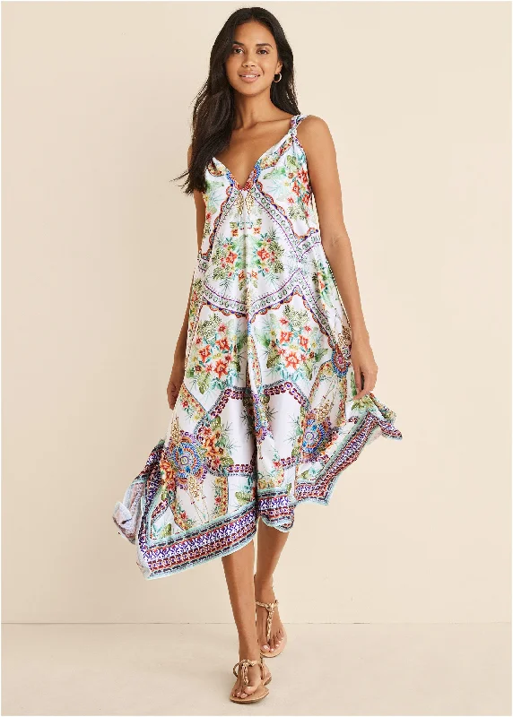 Women's midi dress year flair -Handkerchief Hem Midi Dress - Tropical Status Border