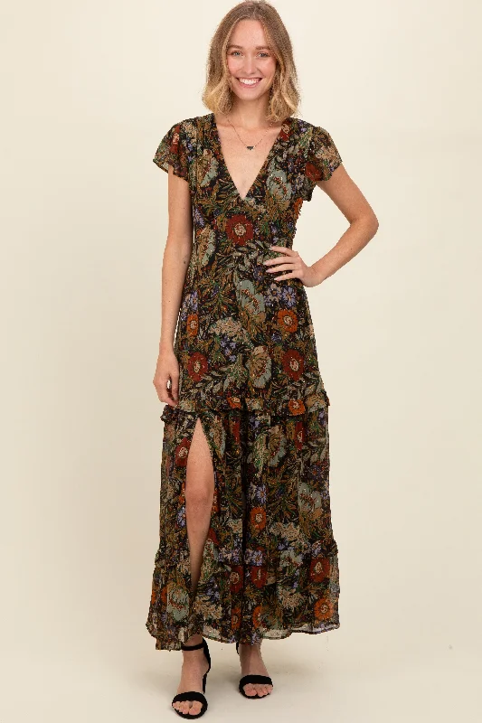 ladies-maxi-dress-timeless-tide-Black Floral Deep V-Neck Tiered Maxi Dress