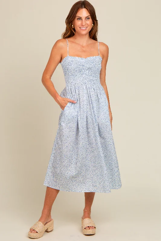 Women's midi dress bud glow -Light Blue Printed Smocked Midi Dress