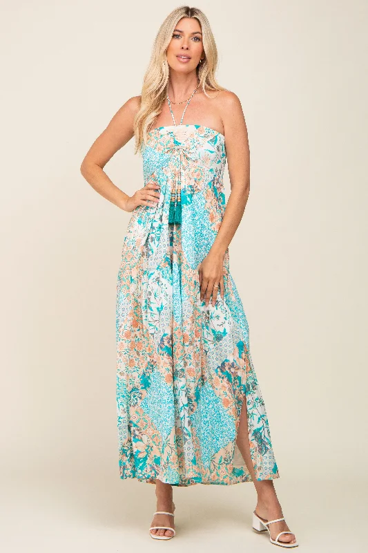 ladies-maxi-dress-elastic-essence-Jade Floral Halter Front Tie Maxi Dress