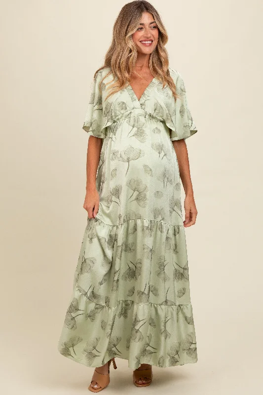 ladies-maxi-dress-feminine-fable-Light Olive Floral Deep V-Neck Maternity Maxi Dress