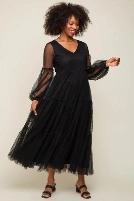 ladies-maxi-dress-date-night-dusk-Black Mesh Overlay Tiered Maxi Dress