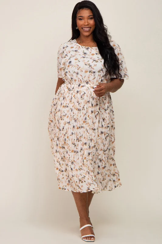 Women's midi dress hand pop -Ivory Floral Chiffon Pleated Short Sleeve Maternity Plus Midi Dress