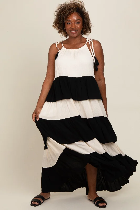 ladies-maxi-dress-sustainable-sweep-Black Colorblock Tiered Maxi Dress