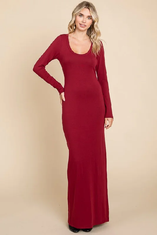 ladies-maxi-dress-striped-sunset-Burgundy Solid Long Sleeve Scoop Neck Maxi Dress