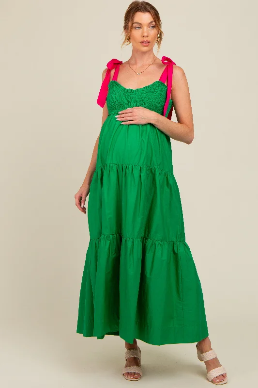 ladies-maxi-dress-tiered-tide-Green Contrast Shoulder Straps Maternity Maxi Dress