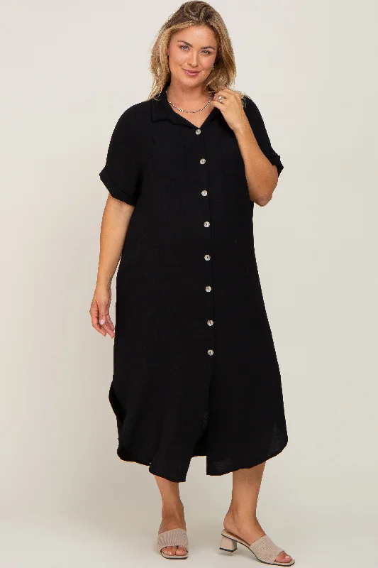 ladies-maxi-dress-off-shoulder-orchid-Black Button Down Hi Low Maternity Plus Maxi Dress