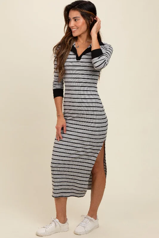 Women's midi dress part pop -Heather Grey Striped Collared Long Sleeve Midi Dress