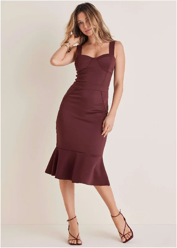 Women's midi dress ray chic -Ruffle Trim Midi Dress - Wine