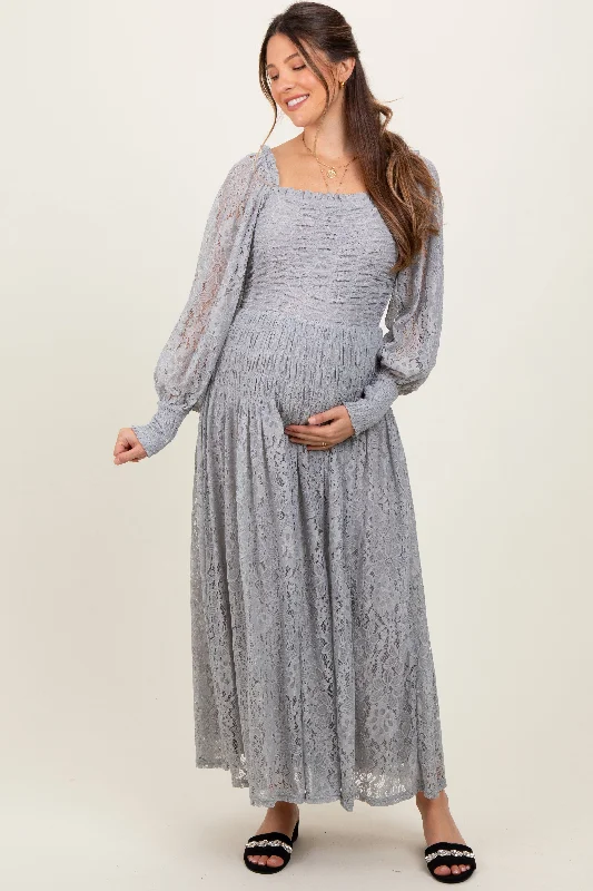 ladies-maxi-dress-v-neck-velvet-Heather Grey Lace Smocked Bubble Sleeve Maternity Maxi Dress