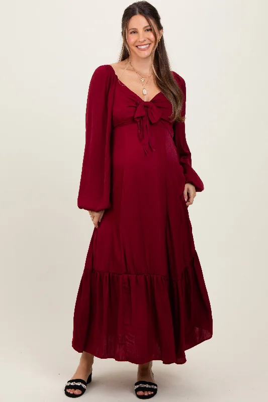 ladies-maxi-dress-structured-silk-Burgundy Bow Satin Maternity Maxi Dress