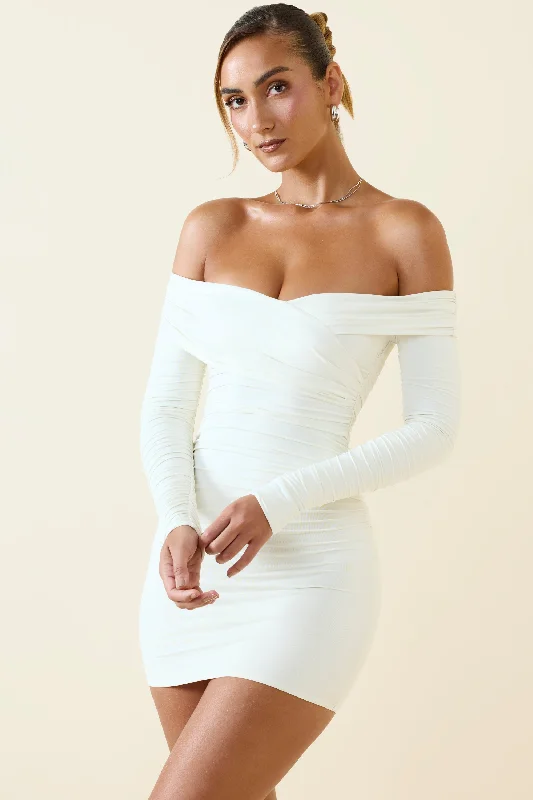 ladies-bodycon-dress-curvy-crush-Off-Shoulder Ruched Bodycon Mini Dress in Vanilla