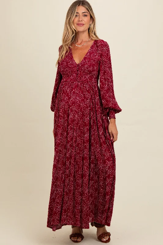 ladies-maxi-dress-polka-poise-Burgundy Floral Smocked Button Detail Maternity Maxi Dress