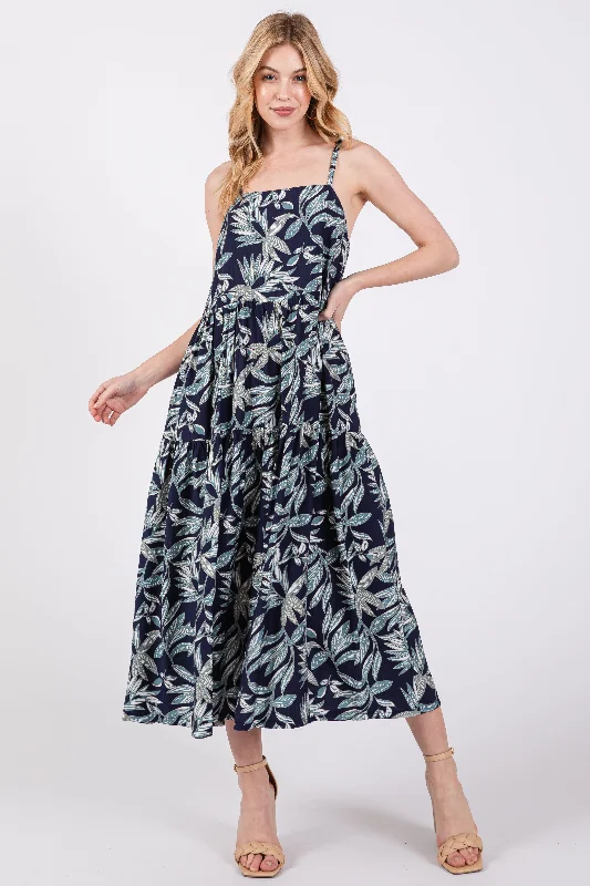 Women's midi dress sprout flair -Navy Blue Leaf Print Square Neck Tiered Midi Dress