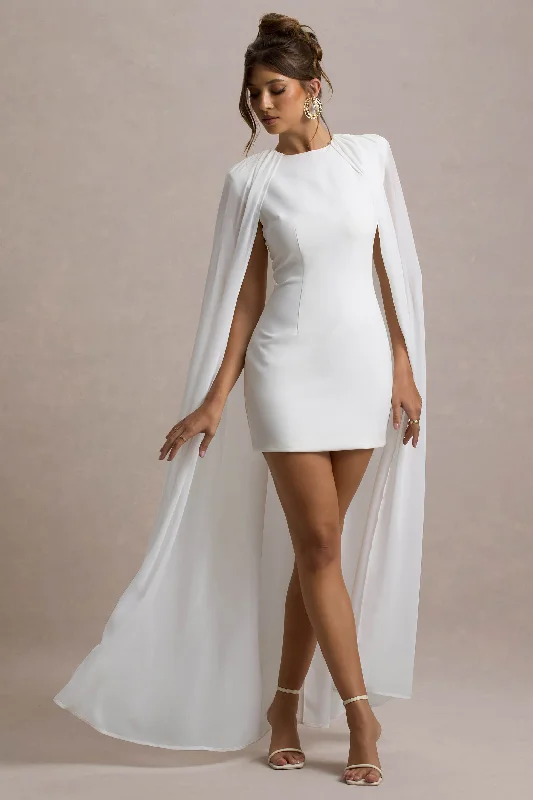 ladies-bodycon-dress-nighttime-nerve-Elysium | White Bodycon Mini Dress With Chiffon Cape