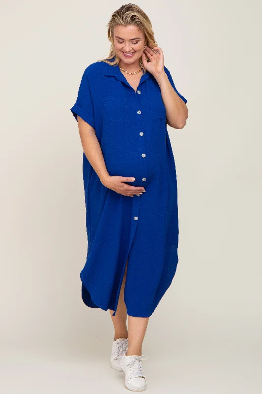 ladies-maxi-dress-periwinkle-petal-Royal Blue Button Down Hi Low Maternity Plus Maxi Dress