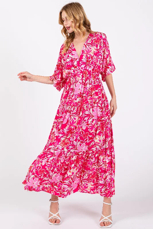 ladies-maxi-dress-open-back-opal-Fuchsia Floral Dolman Sleeve Tiered Maxi Dress