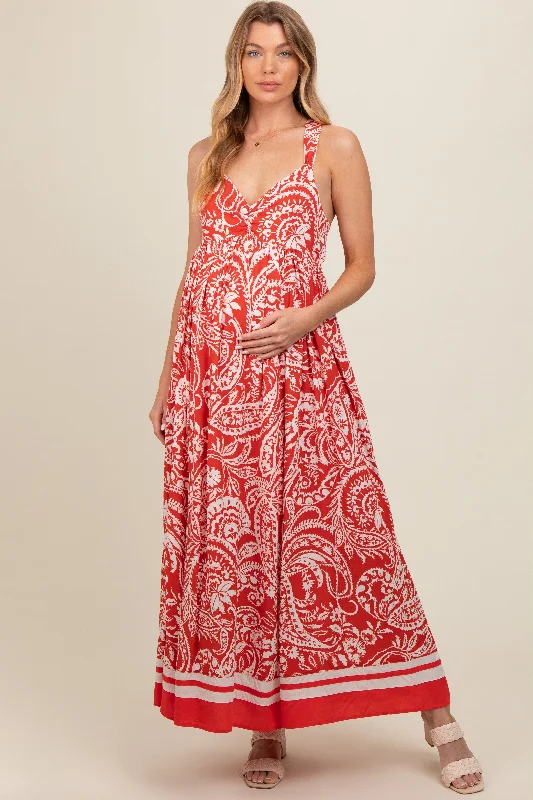 ladies-maxi-dress-bell-sleeve-bloom-Red Paisley Cutout Back Maternity Maxi Dress