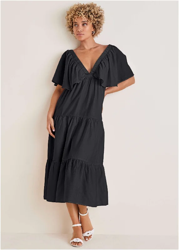 Women's midi dress dawn flair -Crinkle Midi Dress - Black