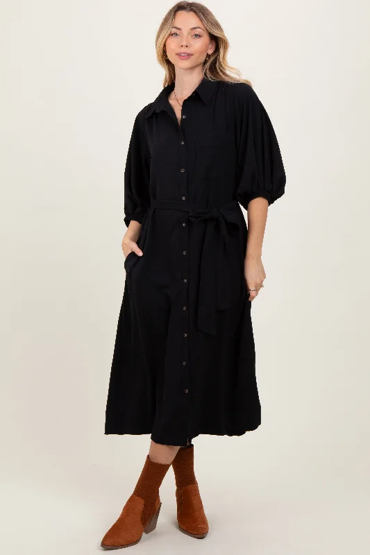 Women's midi dress gloss flair -Black Sash Tie Midi Shirt Dress