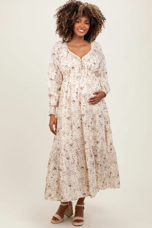 ladies-maxi-dress-purple-prance-Cream Raglan Sleeve Floral Button Maternity Maxi Dress