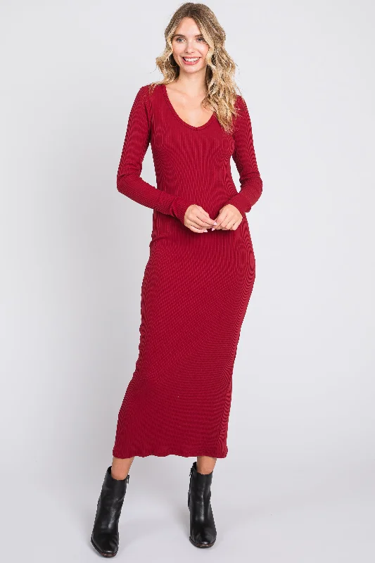 ladies-maxi-dress-sage-sweep-Burgundy Ribbed Long Sleeve Maxi Dress