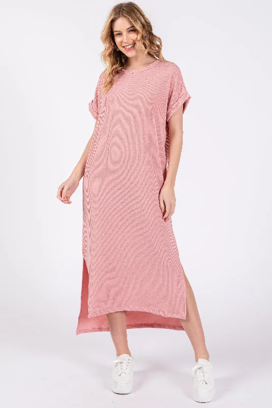 Women's midi dress bond chic -Light Pink Ribbed Short Sleeve Midi Dress