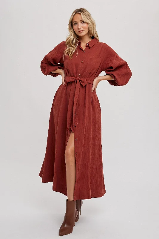 Women's midi dress crew glow -Rust Gauze Belted Shirt Midi Dress