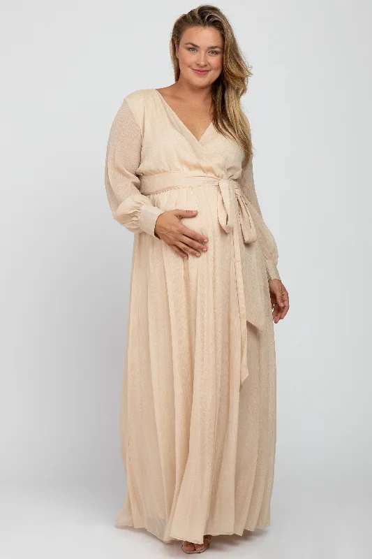 ladies-maxi-dress-curvy-charm-Cream Metallic Chiffon Maternity Plus Maxi Dress