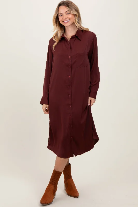 Women's midi dress full flair -Rust Long Sleeve Midi Shirt Dress