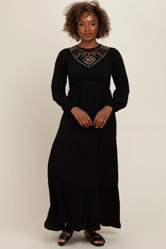 ladies-maxi-dress-influencer-iris-Black Embroidered Tiered Maxi Dress