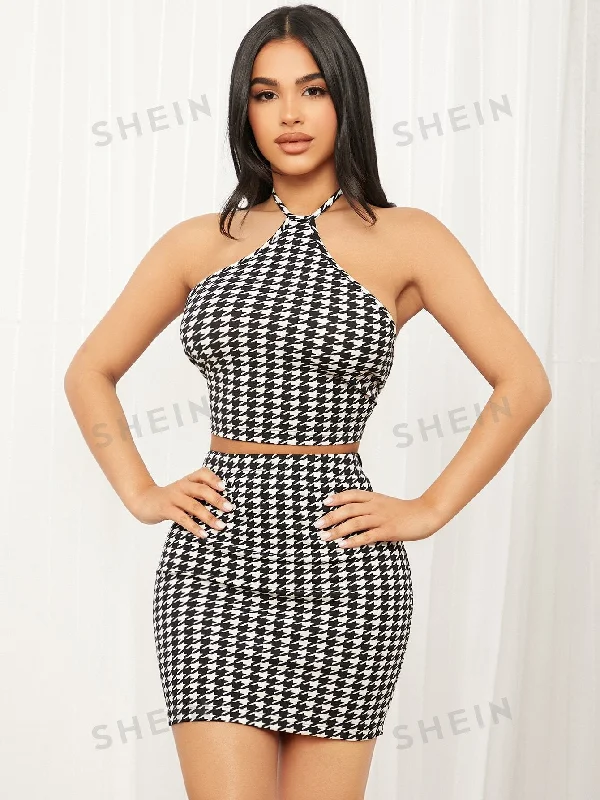 ladies-bodycon-dress-influencer-itch-SHEIN SXY Houndstooth Print Backless Halter Top & Bodycon Skirt