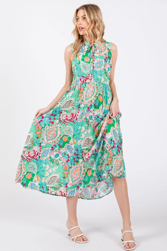 Women's midi dress sheen chic -Emerald Green Floral Paisley Mock Neck Midi Dress