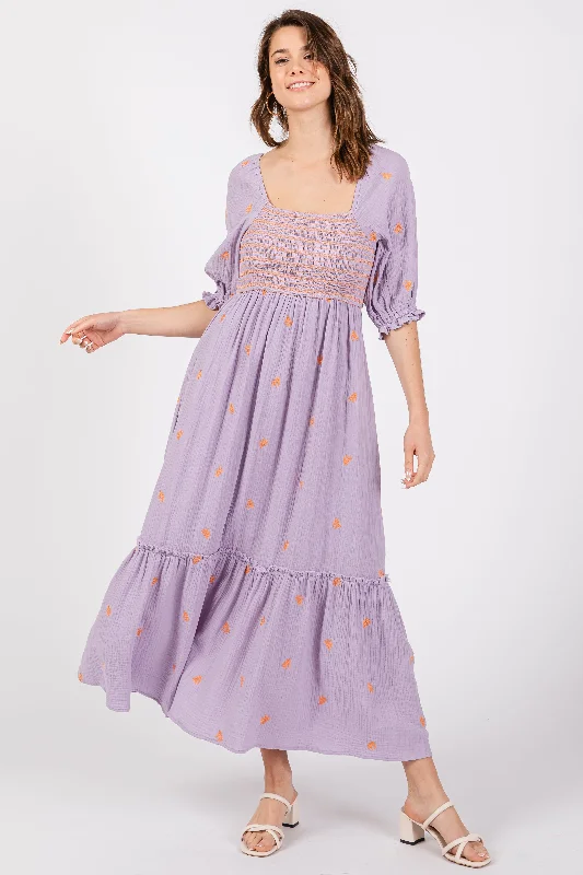 Women's midi dress glint glow -Lavender Gauze Smocked Embroidered Square Neck Midi Dress