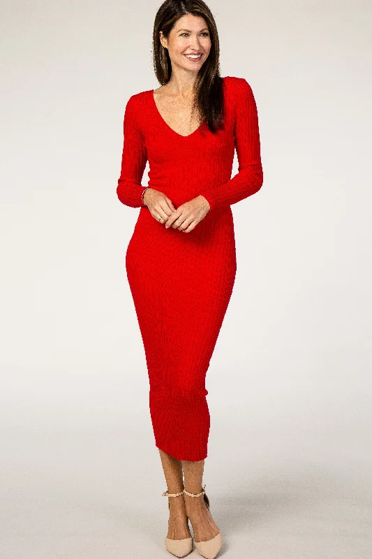 ladies-maxi-dress-girls-glow-Red V-Neck Long Sleeve Fitted Maxi Dress