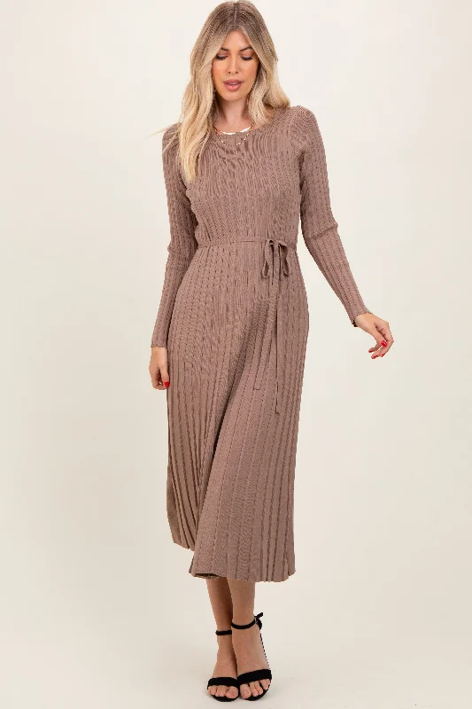 Women's midi dress foam pop -Mocha Pleated Waist Tie Midi Sweater Dress