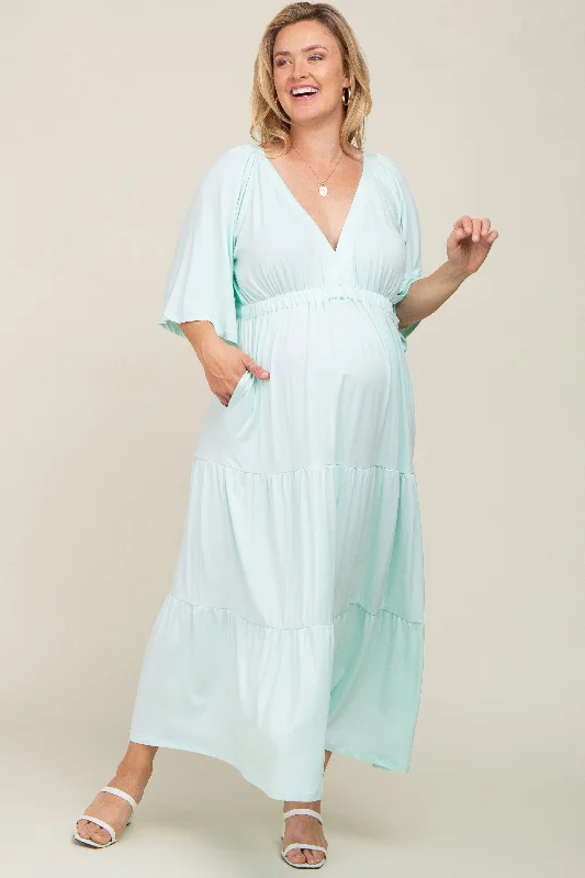 ladies-maxi-dress-knit-kiss-Mint Green Deep V-Neck Tiered Maternity Plus Maxi Dress